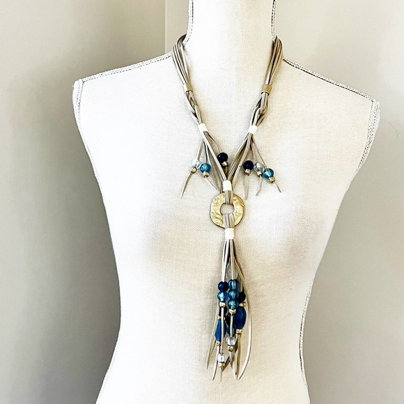 Chico's Jewelry - Chico’s Tan & Teal Leather Beaded Fringe Tassel Necklace
